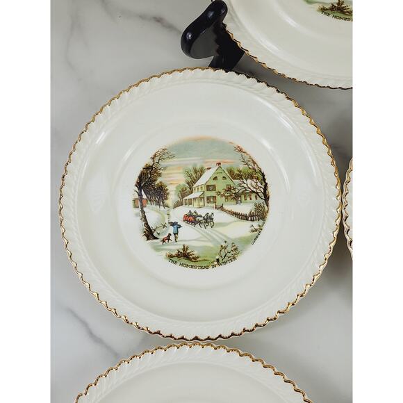 Harkerware Bread Plate Currier & Ives 6 1/4" Countryside Winter Scene USA x 5 - Picture 3 of 16